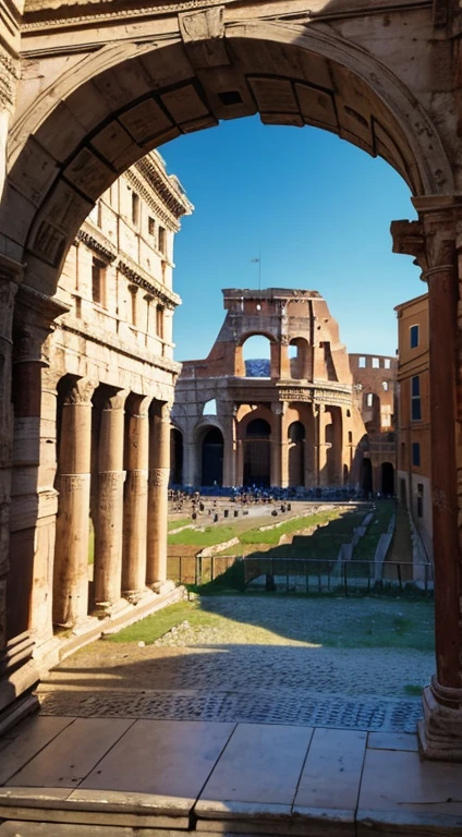 Ancient Roman city.  The historic, beautiful and majestic city of Rome. 1st century. Guards in the distance.Vivid colors. Colosseum