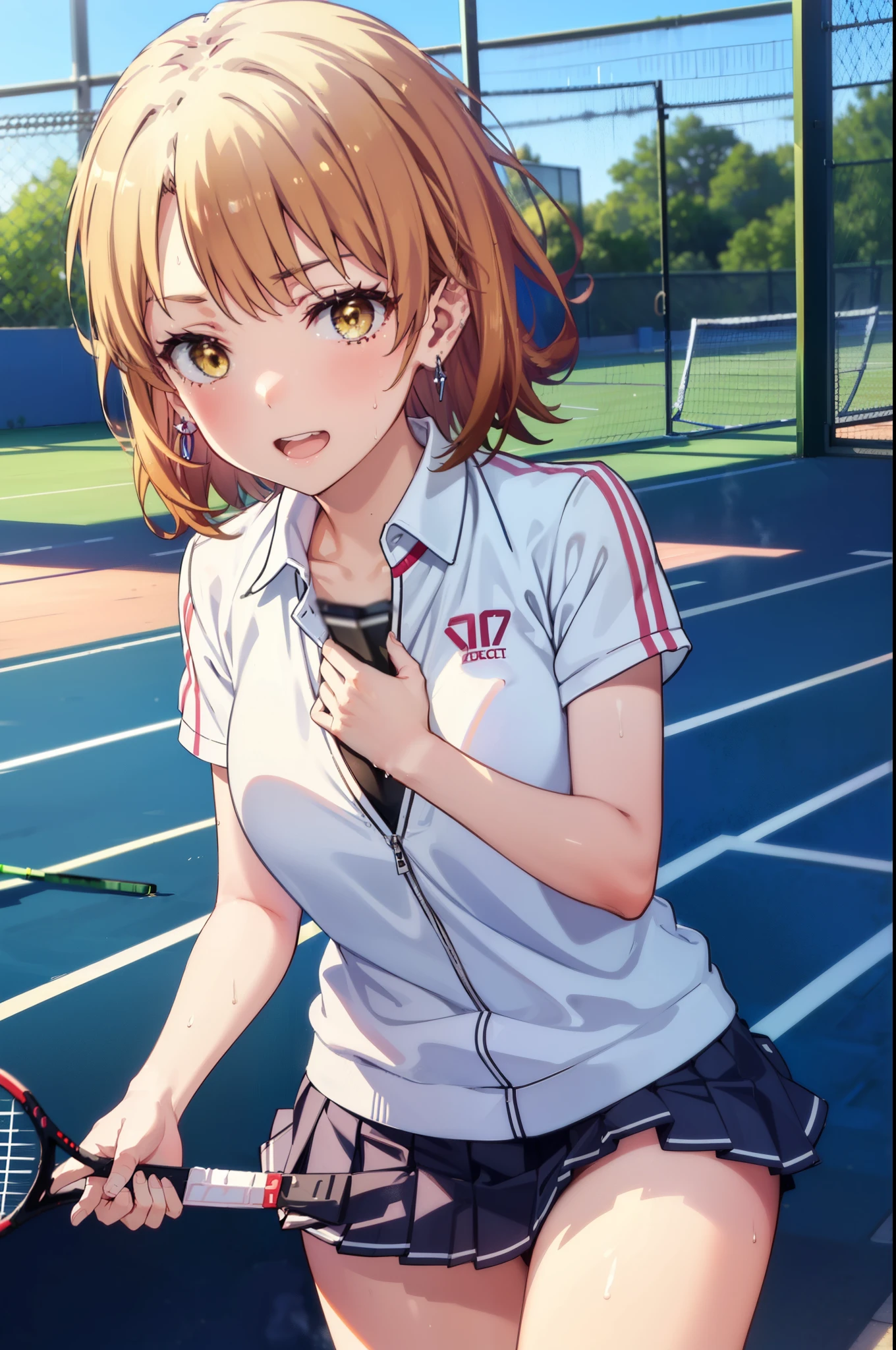 masterpiece, absurdres, best quality, ultra detailed, high Resolution, detailed illustration, bright colour, (extremely beautiful detailed face and eyes, Delicate beautiful face, 1 girl, cute face:1.3), (magenta eyes:1.1), sparkling eyes, big eyes, medium breasts, (perky breasts:1.1), (pointy breasts:1.1), medium hips, glamorous body, white skin, BREAK, long bob cut, (blonde hair:0.8), messy hair, detailed hair, shiny hair, BREAK (undressed, badminton uniform, Panties:1.3), perfect lighting, (embarrassed:1.3), (ecstasy, vulgarity:1.5), (trembling:0.8), gym, 