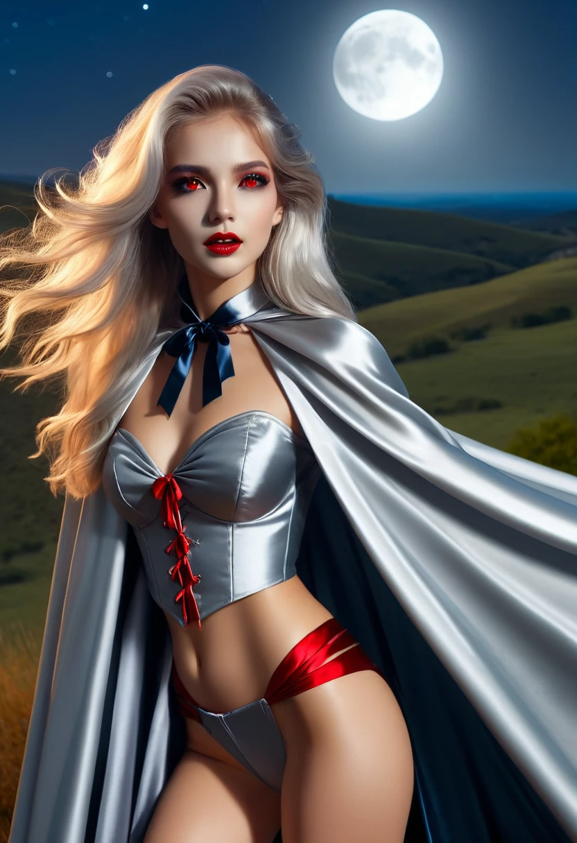 Vampyfangs(RAW Photo) , (highly detailed:1.20) , ultra realistic :1.10) ,???? girl in her 20s , (perfect face:1.20) , (detailed red eyes:1.20) , with long silver hair in ponytail , (((long silver satin cape tied at the neck with a ribbon :1.20))) , full skirt , full body, standing on windy hilltop at night , full moon , high-quality ultra realistic style, detailed eyes, professional, expressive , 8K , highly detailed , professional,