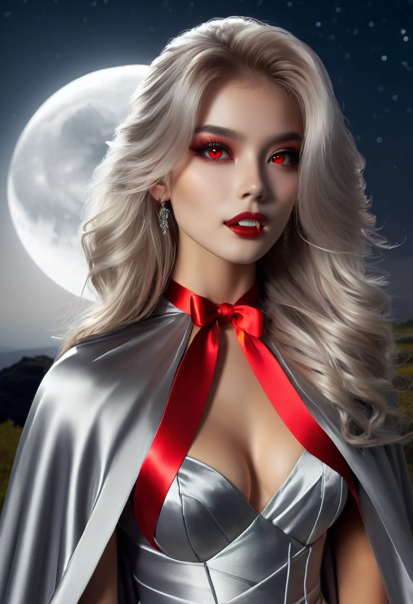 Vampyfangs(RAW Photo) , (highly detailed:1.20) , ultra realistic :1.10) ,sexy girl in her 20s , (perfect face:1.20) , (detailed red eyes:1.20) , with long silver hair in ponytail , (((long silver satin cape tied at the neck with a ribbon :1.20))) , full skirt , full body, standing on windy hilltop at night , full moon , high-quality ultra realistic style, detailed eyes, professional, expressive , 8K , highly detailed , professional,