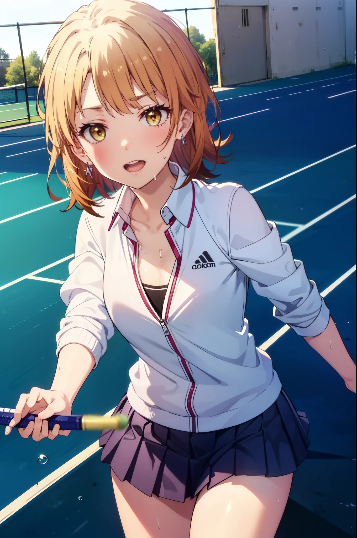irohaisshiki, Iroha Isshiki, short hair, Brown Hair, (Brown eyes:1.5), happy smile, smile, Open your mouth,smile,
Tennis uniform, Hair Clip, Earrings, jewelry, nm1, Hair Ribbon, short hair, tennis cosplay, (Pleated super short skirt:1.4), (Thighs:1.3), (large teeth:1.3), large chests, (Provocative face:1.3), Open your mouth, (chest:1.3), teeth, Round eyes, (blowing in the Wind:0.5), Sweat around the girl, Dripping Sweat, Squall (Wind:1.2), speed, 爽やかなWind, Motion Blur Effect, Wind, (can&#39;I can&#39;t see your pants:1.4) break background is (Tennis court:1.3), (Stand in the center of the screen:1.3), (10,000 spectators:1.3),  Blue sky with clouds, Outdoor, (Amazing panoramic views:1.2), Wind break sunlight, Nice views, Rainbow in the sky, Particles of light,
break outdoors, Tennis court,
break looking at viewer,(Cowboy Shot:1. 5)
break (masterpiece:1.2), highest quality, High resolution, unity 8k wallpaper, (shape:0.8), (Beautiful details:1.6), Highly detailed face, Perfect lighting, Extremely detailed CG, (Perfect hands, Perfect Anatomy),
