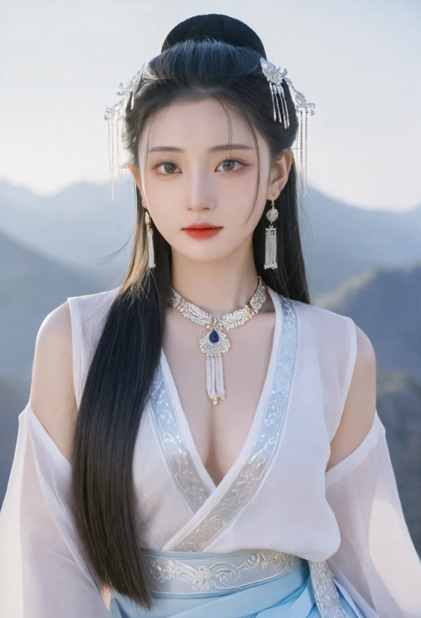 (photorealistic, best quality, ultra high res, extremely detailed eyes and face:1.3),(1girl, solo:1.3),skirt,jewelry,long_hair,necklace,earrings,perfect body,standing,large breasts,looking at viewer,chinese clothes,china dress,hanfu,