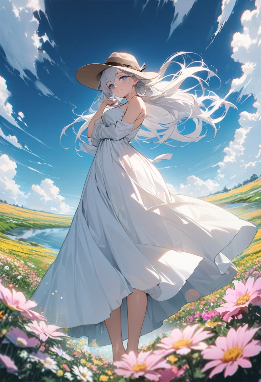 Masterpiece, Improved quality, High quality, Good anatomy, Healthy body, Whole fingers, Normal digits, 4k quality image, Girl, beautiful girl, perfect body, full body, perfect girl, back-length white hair, blue eyes, natural smile, hat fedora, there is the sun, there is a river, in a field of flowers, wearing a plain white long dress, the wind blows her hair and dress, from below