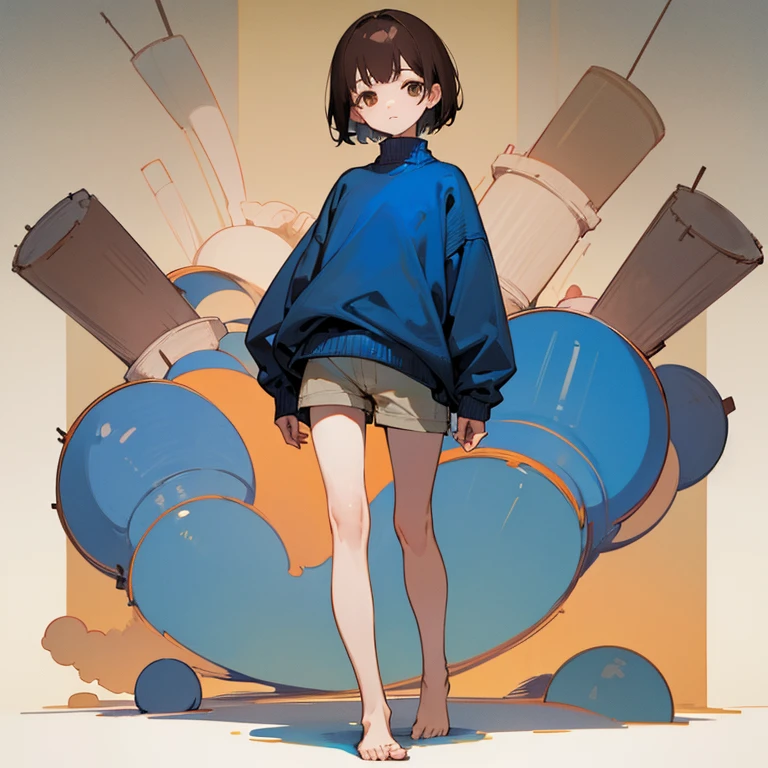 short hair、Blue sweater、Long sleeve、Brown Hair、Thread、central、Look this way、Expressionless、Standing alone、Shorts、barefoot、Beautiful feet、low length、Looks bigger
