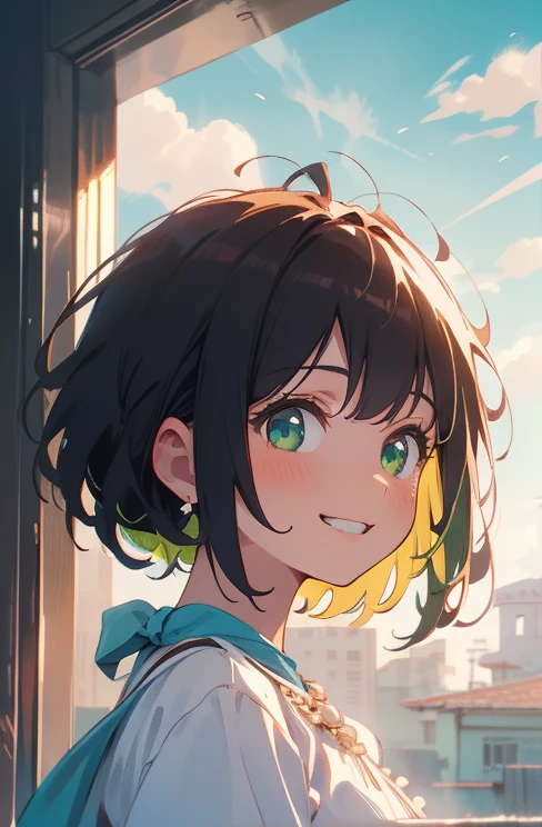 (masterpiece), (highest quality), Ultra-high resolution, Sharp focus, ((1 female, alone)), Upper Body, Photo profile shots, Beautiful detailed hair, Chestnut Hair, Fluffy short bob hair, yellow blouse shirt, Black mini skirt, Beautifully detailed face, ((Beautifully shaped eyes, Green Eyes)), Perfect feminine face, Comfortable face, View Viewer, smile, Open your lips, City in the morning clouds, meteor, Comfortable clothing for cloudy days