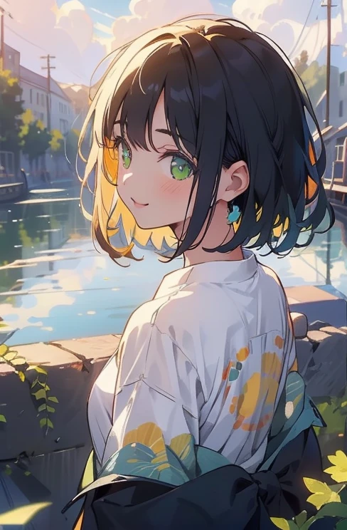 (masterpiece), (highest quality), Ultra-high resolution, Sharp focus, ((1 female, alone)), Upper Body, Photo profile shots, Beautiful detailed hair, Chestnut Hair, Fluffy short bob hair, yellow blouse shirt, Black mini skirt, Beautifully detailed face, ((Beautifully shaped eyes, Green Eyes)), Perfect feminine face, Comfortable face, View Viewer, smile, Open your lips, City in the morning clouds, meteor, Comfortable clothing for cloudy days