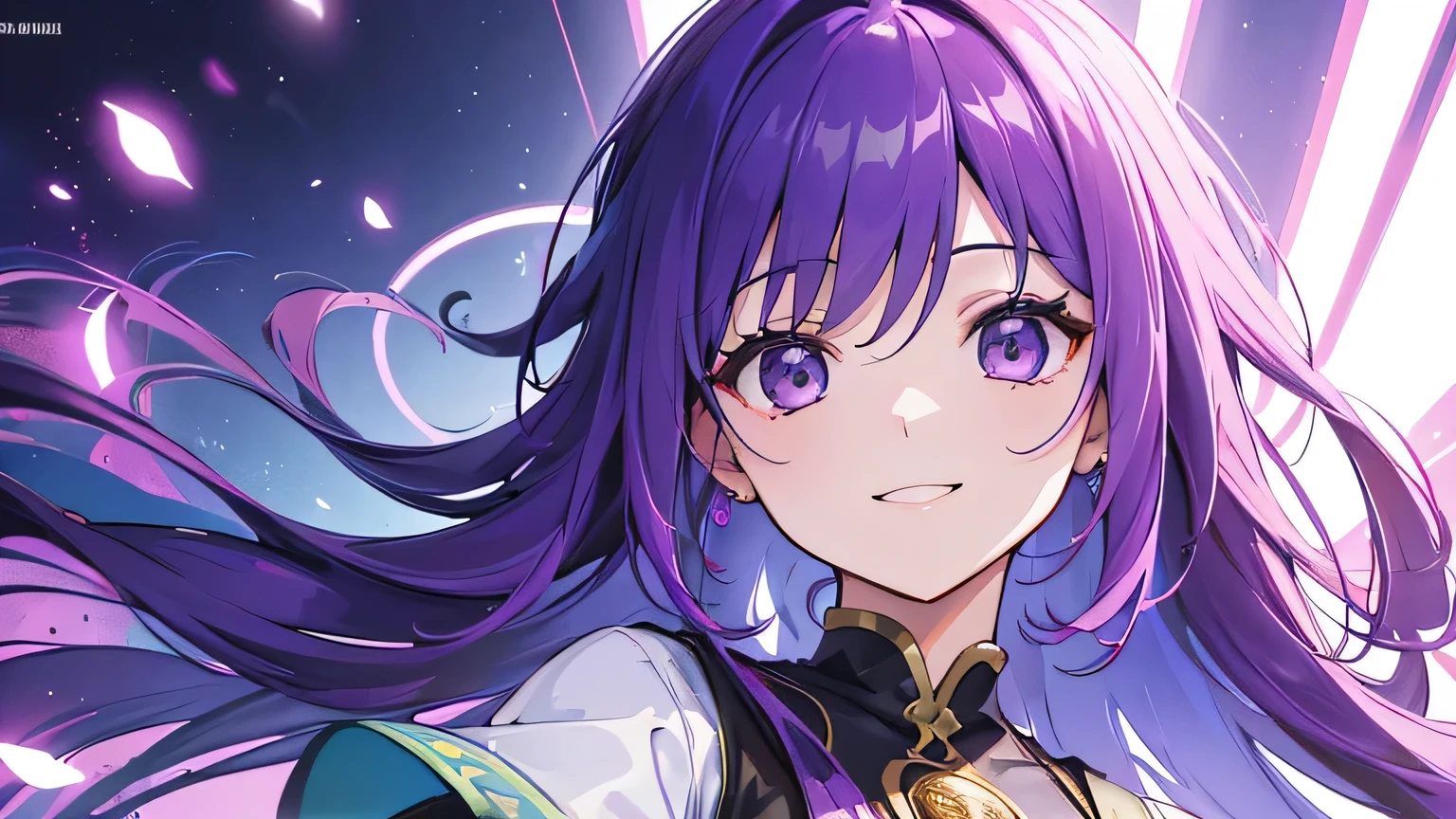 (T Masterpiece,4k wallpaper,Best Quality))、((girl1people))、(solo)、Bright and Brilliant,(Purple Hair)、(Shortcuts:1.3)、smile、middle ages、Princess