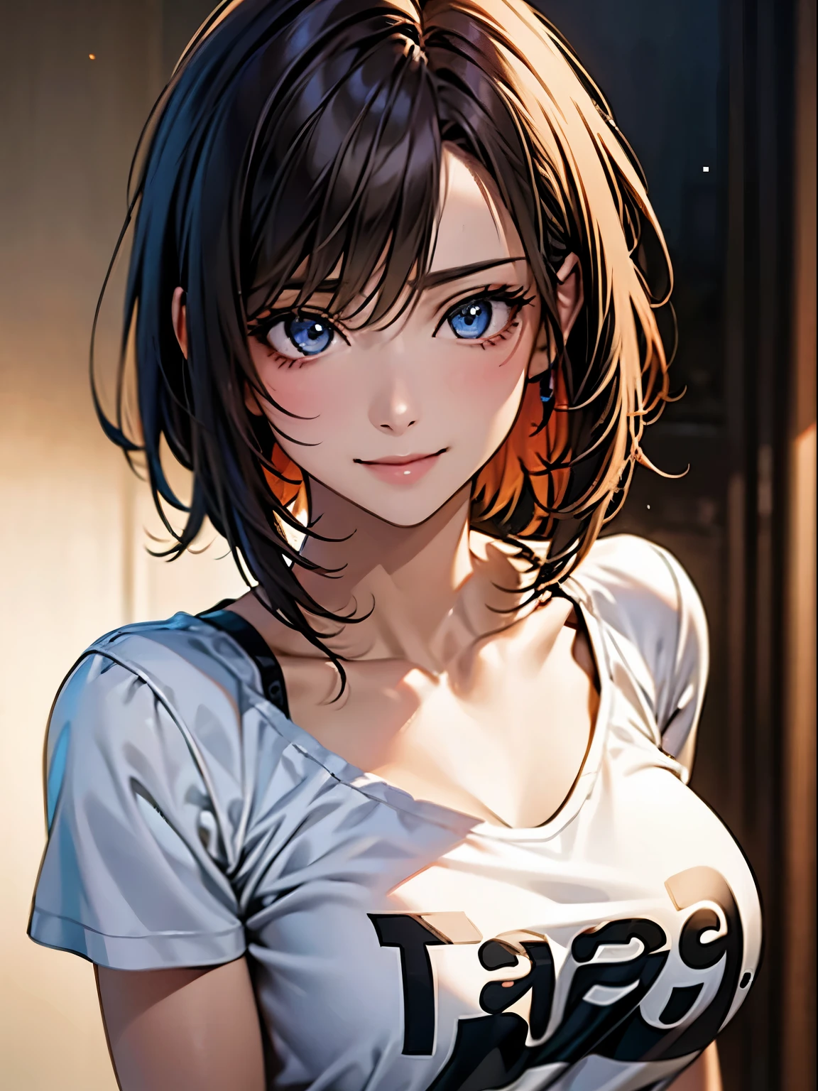 highest quality, Ultra-high resolution, (Realistic: 1.4), beautiful Eyes, Super beautiful, Very short hair, beautiful, lover, Rough chest T-shirt, beautiful Soldier, Eyes that beckon the viewer, loverの視点, Attractive expression, Sexy smile, Perfect Style, Perfect balance, Detailed skin, Mischievous Gaze, I can see your chest