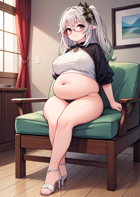 (masterpiece, best quality, highly detailed), 1girls, big belly, huge belly, art by kipteitei, round belly, chubby, curvy, belly grab, enormous belly, fat belly, thicc, bigger belly, really big belly, jiggly belly, glasses, sitting, high heels, ((full body)), (dominant), (giantess)