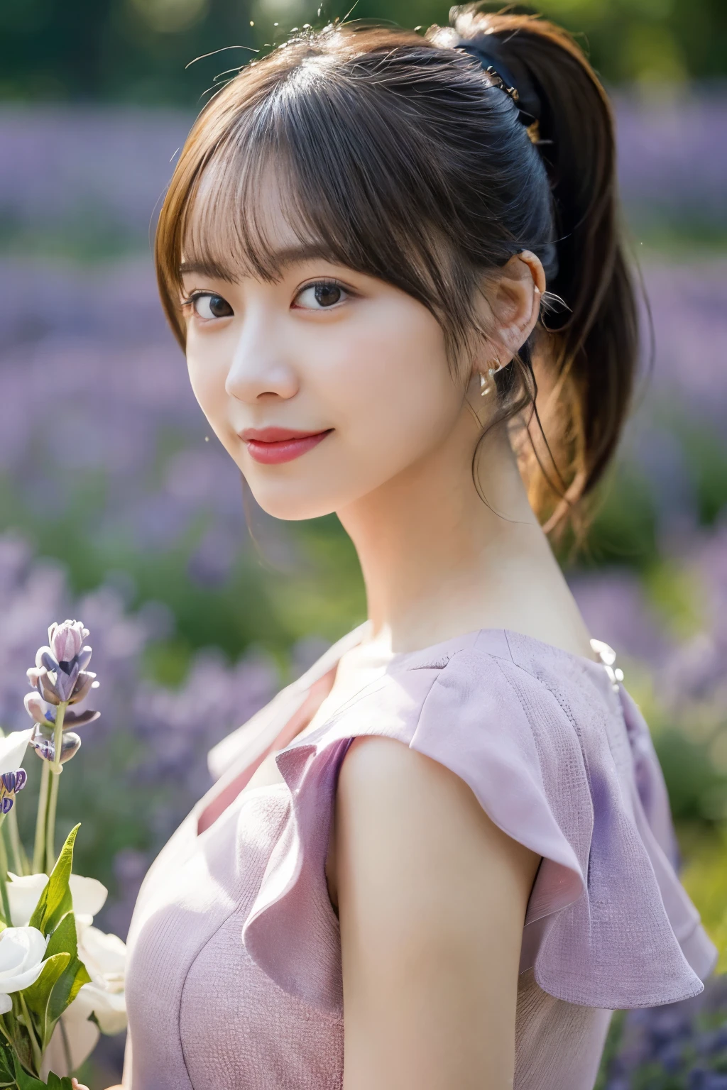 ((masterpiece,best quaLightingy 1.4)), (8k,RAW Photos:1.2), (Realistic,photo Realistic:1.4), Ultra-high resolution , (Highly detailed 8K wallpapers) ,Japanese Idols, Japanese actress, Japanese, very cute, Big eyes, Highly detailed eyes and face, Beautiful eyes in every detail,Shiny skin,Portraiture,(ponytail :1.2),(smile:1.3) ,(Holding a bouquet:1.2),Lighting, Sharp focus, Written boundary depth , (Dynamic Angle:1.4 ). Blur the background, Bokeh, (Pink dress:1.2) ,( In a lavender field during the daytime.)