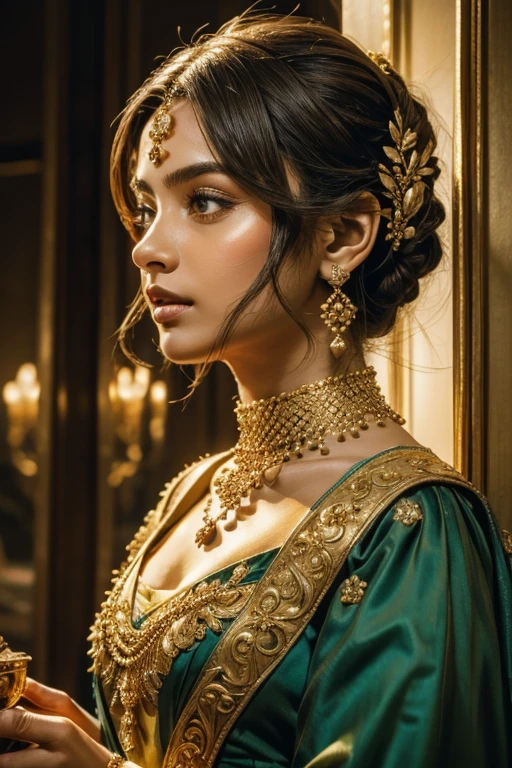 Extremely close-up on glittering golden clover-leave long necklace on a lady's neck, while her hand reach the necklace. The surrounding fill with glowing tiny gold particles, scattering the lady loose royal teal blouse.