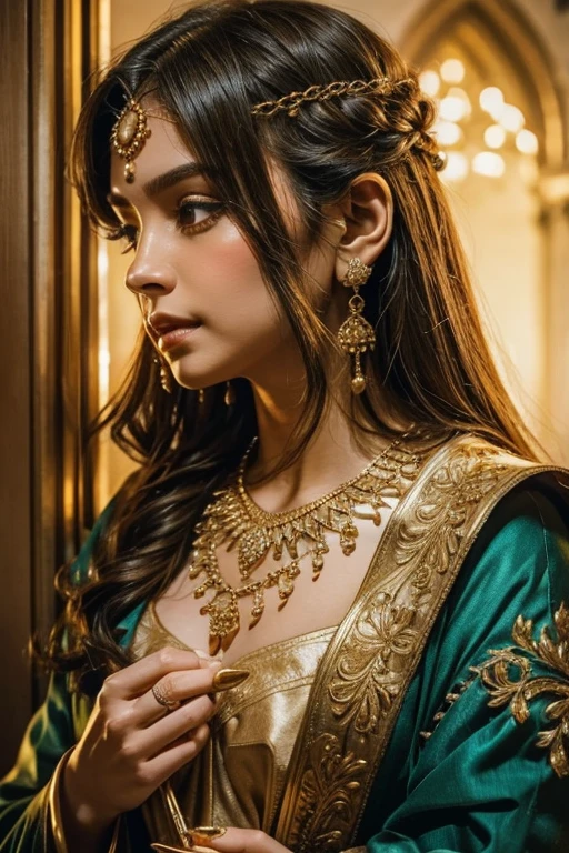 Extremely close-up on glittering golden clover-leave long necklace on a lady's neck, while her hand reach the necklace. The surrounding fill with glowing tiny gold particles, scattering the lady loose royal teal blouse.