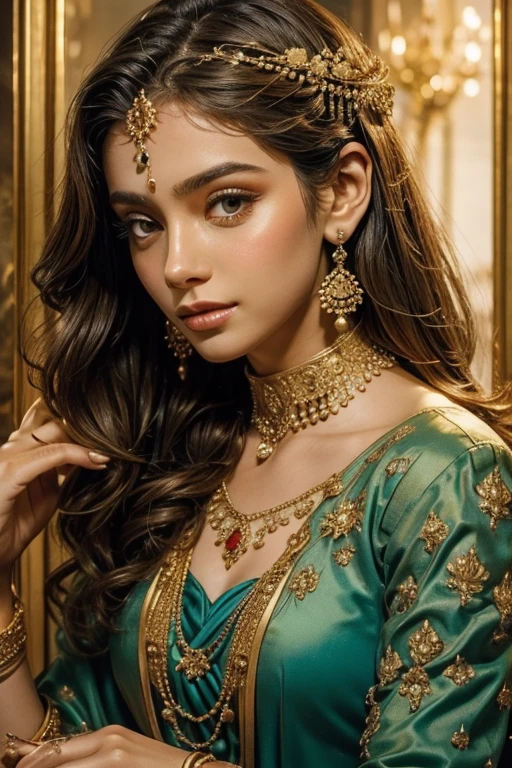 Extremely close-up on glittering golden clover-leave long necklace on a lady's neck, while her hand reach the necklace. The surrounding fill with glowing tiny gold particles, scattering the lady loose royal teal blouse.