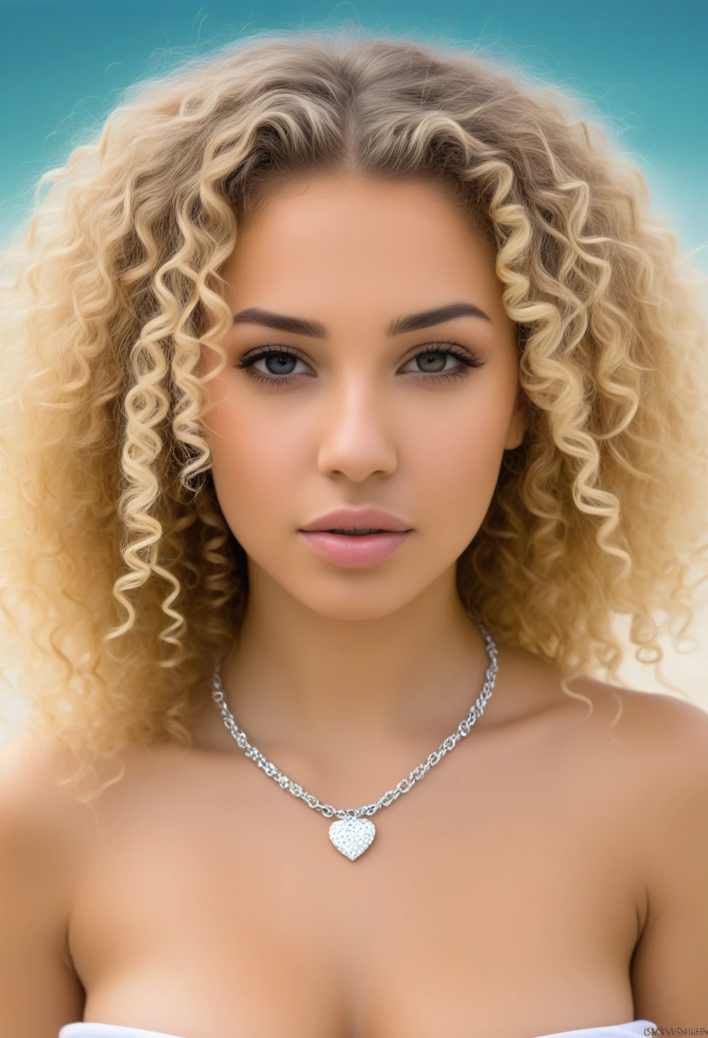 1Fille de 25 ans, mixed race, curly hair, cheveux blonds, grosse poitrine, cheveux longs, taille moyenne , Regarder le spectateur, bare shoulders, yeux verts, Bijoux, tout le corps, Collier, Stop, lips, Realistic, nez, flirt with the camera, marche le long de la plage