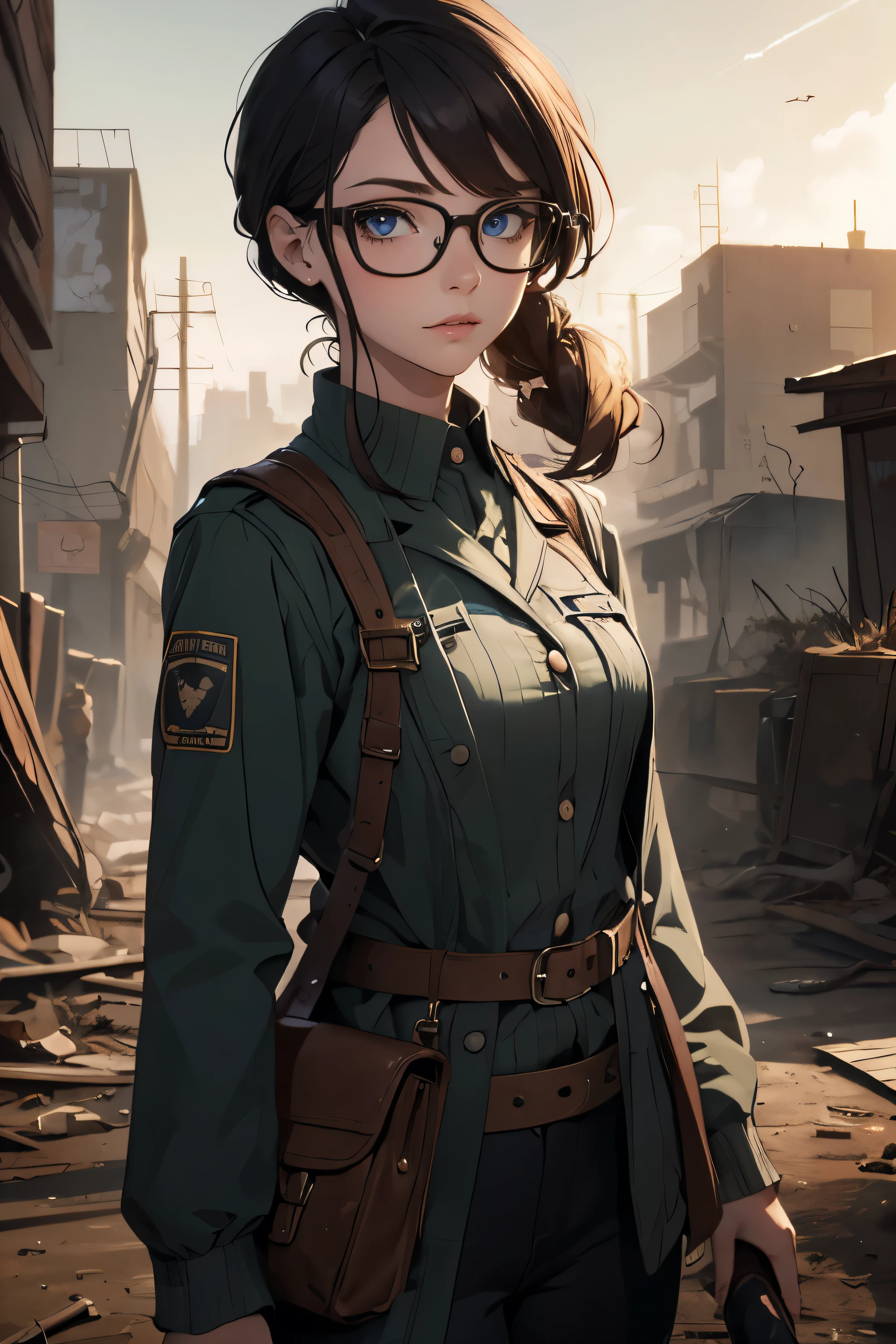 a pretty girl messenger, wearing large glasses, undercut hair, wearing postal uniform, in a post-apocalyptic world