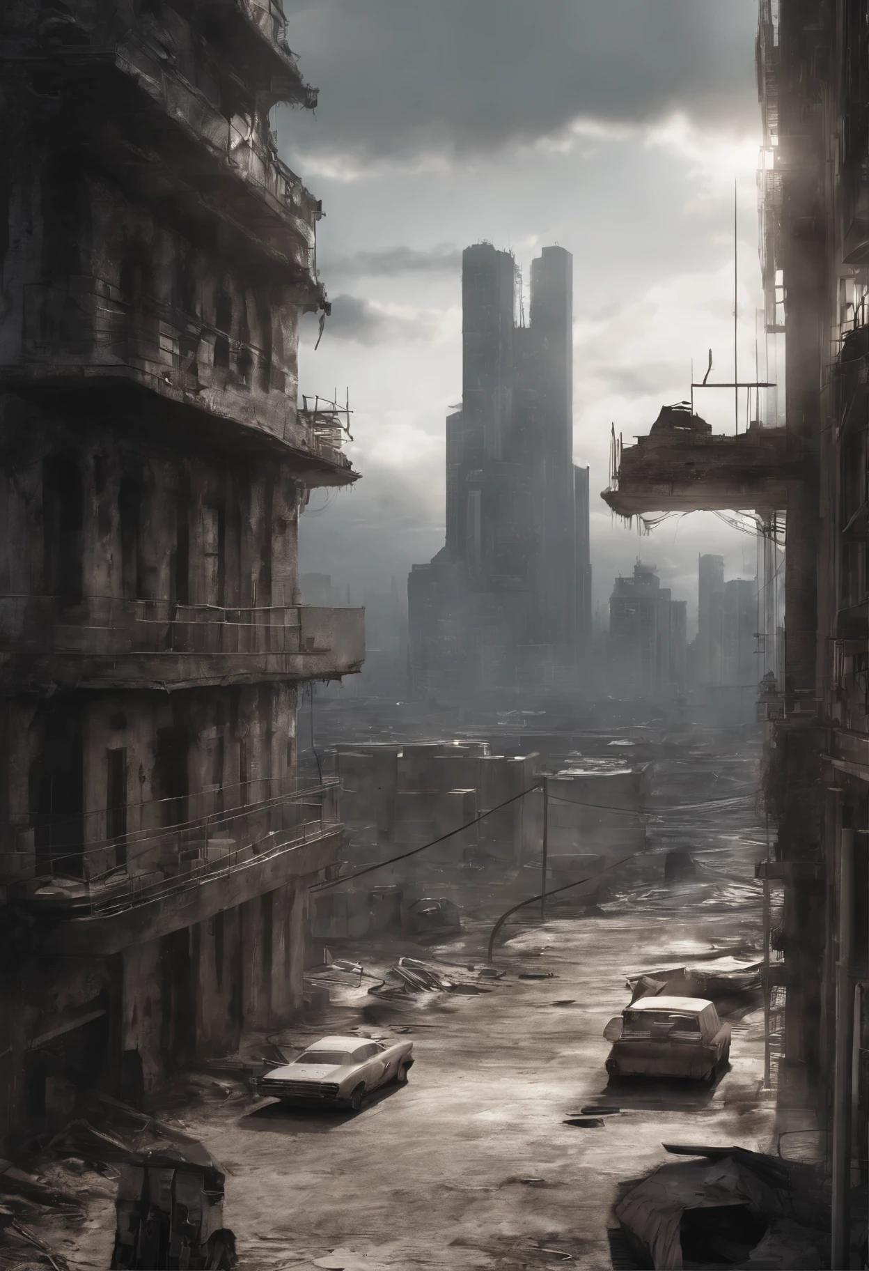 image of the view from inside the balcony of a tall circular tower in the center of a post-apocalyptic North American megalopolis, visao de toda cidade, a cidade tem tons de cinza, has smoky structures, carros abandonados nas ruas, desert megalopolis, tall buildings and collapsing to the ground, many destroyed buildings around, TEM UMA GAROTA VESTIDA COM CAPUZ ANDANDO NA RUA, she is walking , as realistic as possible, As detailed as possible