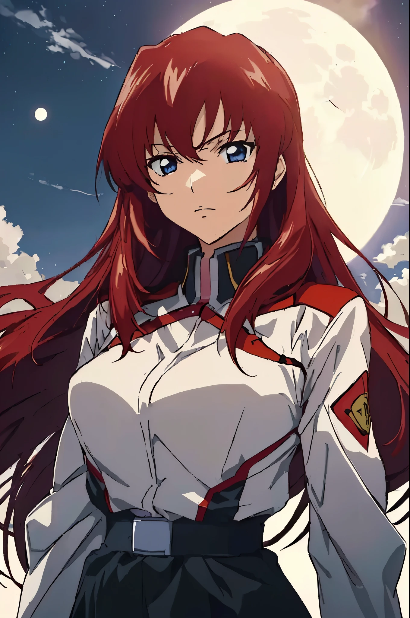 (highest quality,4K,High resolution,masterpiece:1.2),Woman with long red hair standing in front of a full moon, Asuka, kurisu makise steins gate anime, Female Anime Characters, beautiful Asuka from evangelion, Portrait of a female anime hero, Female Action Anime Girl, Asuka langley sohryu, rings Asuka iwakura station game, kurisu makise