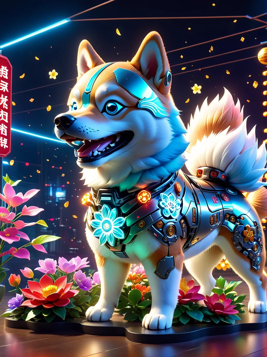  (3D，Mechanical feel，Cute Shiba Inu:1.3), Colorful neon lights, High-tech mechanical parts, Metal body, Detailed vibranium flower design, Vibrant colors, Dynamic glowing flowers, Reflective metal surface, Bright environment, Dynamic poses, Exquisite existence, Skill Improvement, Interlocking mechanical gears, Stylish design, motion blur effect, Metalworking details, Sci-fi atmosphere, Streamlined aerodynamic shape, Laser scanning pattern, Holographic projection, LED light track, beautiful and unforgettable, Advanced sensors, complex algorithm, Sinister and mysterious atmosphere, Electric Spark, Shiny chrome plating, Propulsion systems of the future, Beijing_Gundam, (best quality, 8k, high resolution, masterpiece: 1.2), Ultra Detailed, (whole body:1.8)