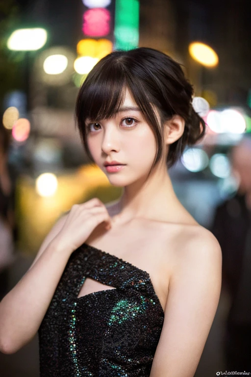 hamabeminami,(wearing a black glittery dress),(RAW photo, best quality), (realistic, photo-realistic:1.4), masterpiece, an extremely delicate and beautiful, extremely detailed, 2k wallpaper, Amazing, finely detail, extremely detailed CG unity 8k wallpaper, ultra-detailed, highres, soft light, beautiful detailed girl, extremely detailed eyes and face, beautiful detailed nose, beautiful detailed eyes,cinematic lighting,city lights at night,perfect anatomy,slender body,short hair