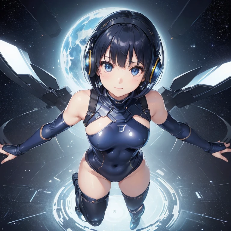 (masterpiece、highest quality、Highest Resolution、clear_image、detailed details、Angle from above): (Full body portrait、One 20 year old girl、The Face of Japan、Small face、thin、navy blue super short bob cut hair、(Hidden Small:1.3)、Sparkling blue eyes、Blue and black shiny pilot suit、Armor to protect the chest、Tight fitting clothes、Clothing that covers the entire body、Shiny clothes、Tight Fit Pants、Hide your skin、Very delicate and beautiful、Detailed skin、hide thighs、hide your butt、Cute type、A kind smile、Soft look、heroine、headset、Knee-high boots、Elbow-length gloves、Eye-level shot、Facing forward、Woman on a spaceship)