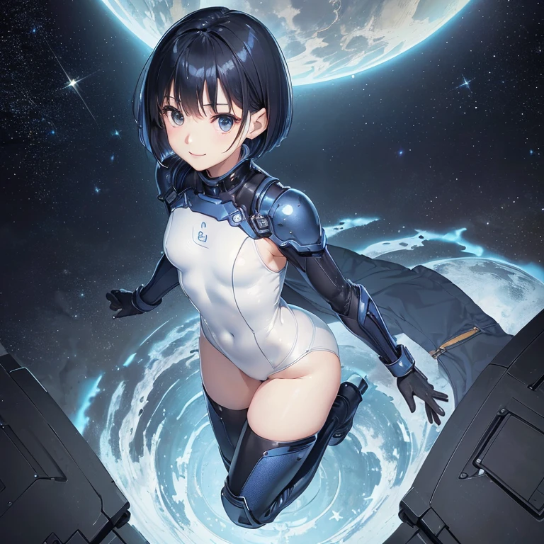 (masterpiece、highest quality、Highest Resolution、clear_image、detailed details、Angle from above): (Full body portrait、One 20 year old girl、The Face of Japan、Small face、thin、navy blue super short bob cut hair、(Hidden Small:1.3)、Sparkling blue eyes、Blue and black shiny pilot suit、Armor to protect the chest、Tight fitting clothes、Clothing that covers the entire body、Shiny clothes、Tight Fit Pants、Hide your skin、Very delicate and beautiful、Detailed skin、hide thighs、hide your butt、Cute type、A kind smile、Soft look、heroine、headset、Knee-high boots、Elbow-length gloves、Eye-level shot、Facing forward、Woman on a spaceship)