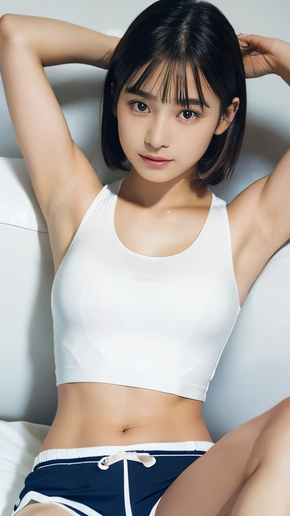 (realistic, best realistic quality:1.1), (photo shoot:1.1), (High resolution), (Highly detailed and realistic face), Half body, (realistic human skin), (18 year old white skin), Light brown short bob, ((Girl in sportswear)), (((short crop top, shorts))), ((18 year old girl, slim, A faint smile, thin waist, thin thighs)), Tecateca skin、glowy skin、Glossy armpits、Tecateca armpits、Under the glossy armpits、Latina, puberty, I'm looking at the armpits、Bed with your back to the window, drooling, ((get up,Spread your legs)), SFW