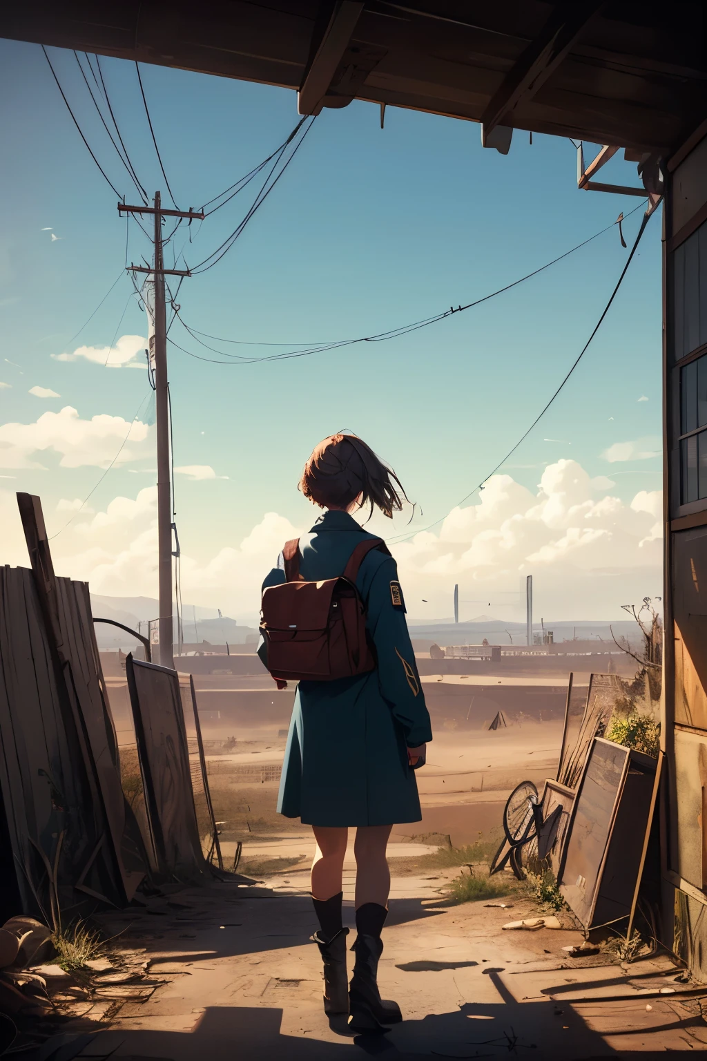 Wide angle, view from behind, a pretty girl messenger, wearing large glasses, undercut hair, wearing postal uniform, in a post-apocalyptic world
