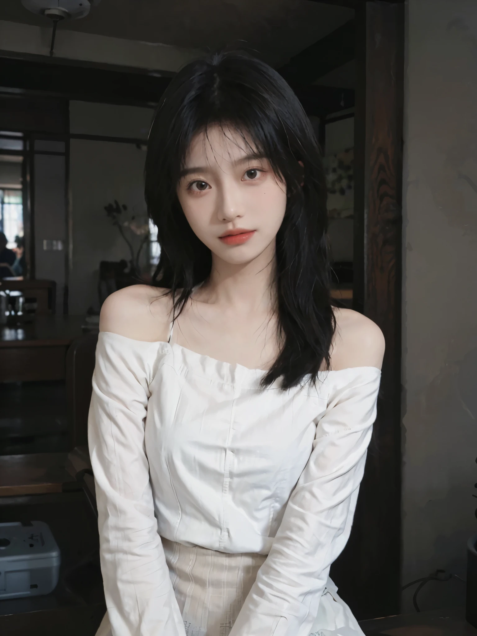 ulzang-6500-v1.1,(RAW photo:1.2), (Photorealistic:1.4), Beautiful Meticulous Girl, very detailed eyes and faces, Beautiful detailed eyes, absurderes, unbelievable Ridiculous, hugefilesize, ultra - detailed, A high resolution, The is very detailed,best qualtiy,tmasterpiece,kemomimi,illustratio,The is very detailed,CG,unified,8k wallpaper,Amazing Cleavage,finely detailled,tmasterpiece,best qualtiy,The is very detailed的 CG unified 8k wallpaper,light in face,cinmatic lighting, best qualtiy, Full body like,Refined face,18-year-old girl,Slim body,Smaller bust,Beige off-the-shoulder chiffon shirt,short skirt,((Jiangmen Taishan Xiachuan Island Beach)),((Wet clothes))