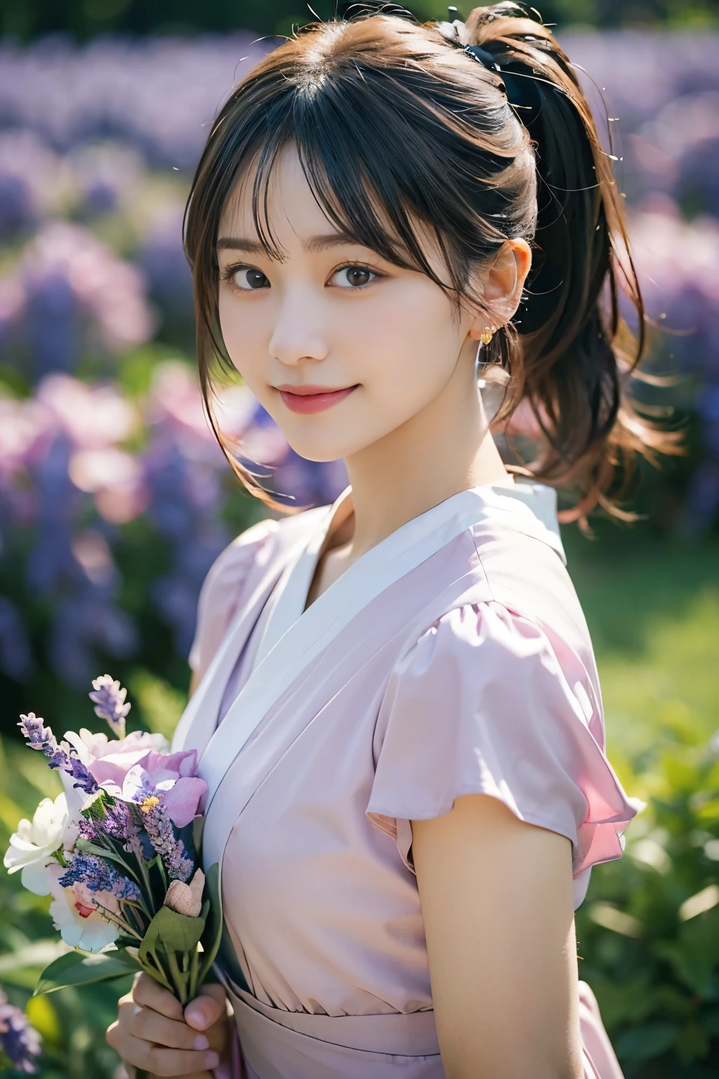 ((masterpiece,best quaLightingy 1.4)), (8k,RAW Photos:1.2), (Realistic,photo Realistic:1.4), Ultra-high resolution , (Highly detailed 8K wallpapers) ,Japanese Idols, Japanese actress, Japanese, very cute, Big eyes, Highly detailed eyes and face, Beautiful eyes in every detail,Shiny skin,Portraiture,(ponytail :1.2),(smile:1.3) ,(Holding a bouquet:1.2),Lighting, Sharp focus, Written boundary depth , (Dynamic Angle:1.4 ). Blur the background, Bokeh, (Pink dress:1.2) ,( In a lavender field during the daytime.)