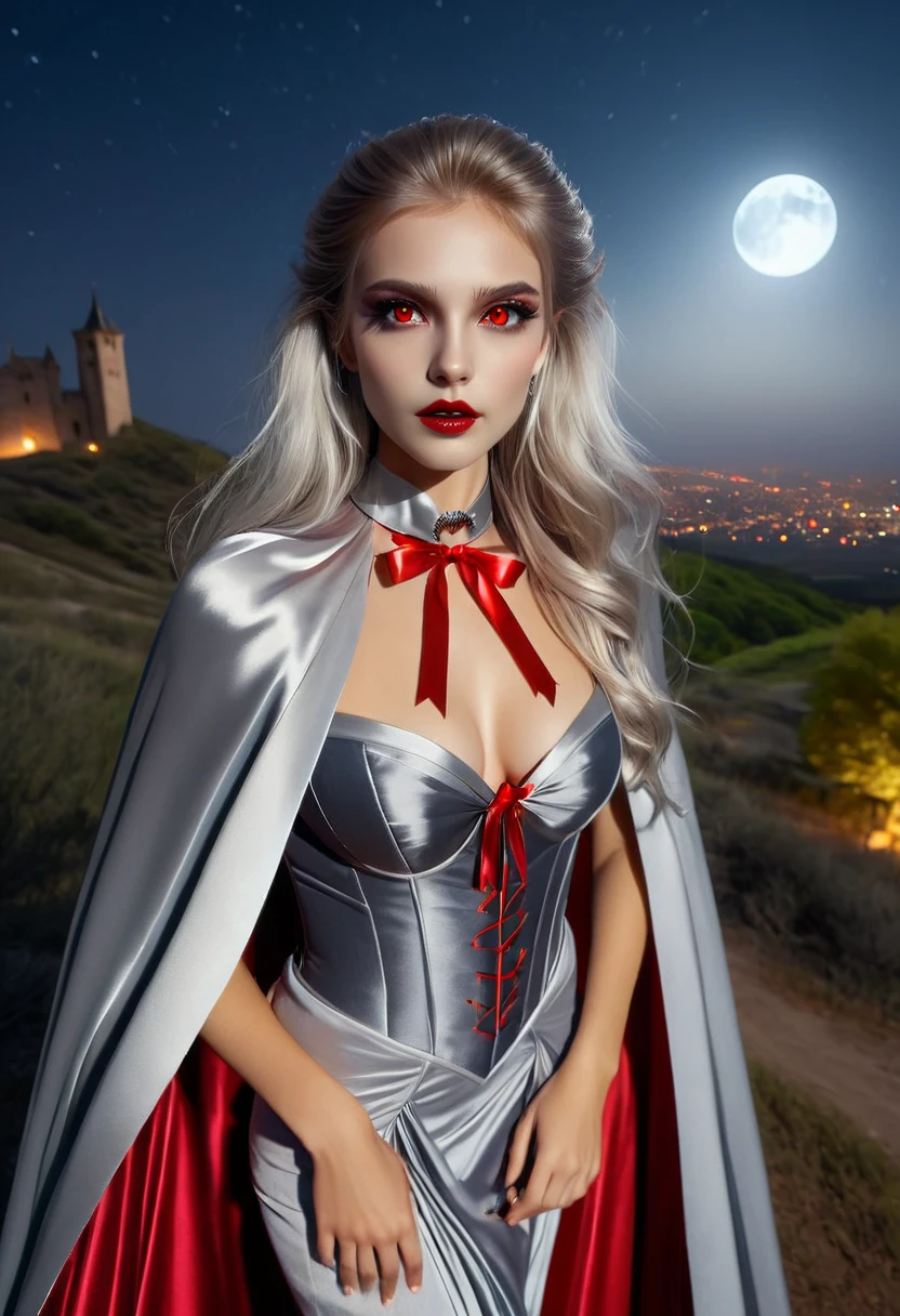 Vampyfangs(RAW Photo) , (highly detailed:1.20) , ultra realistic :1.10) ,sexy girl in her 20s , (perfect face:1.20) , (detailed red eyes:1.20) , with long silver hair in ponytail , (((long silver satin cape tied at the neck with a ribbon :1.20))) , naked , full body, standing on windy hilltop at night , full moon , high-quality ultra realistic style, detailed eyes, professional, expressive , 8K , highly detailed , professional,