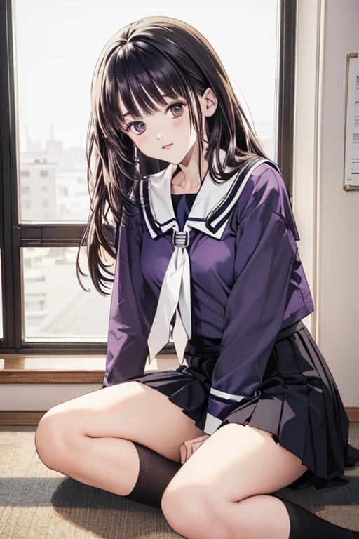 (8K、top-quality、​masterpiece:1.2)、(realisitic、ultra-detailliert、超A high resolution、beautifull detailed face,perfect body,(1girl,black long hair),(school uniform,sailor suit,purple shirts,navy skirt,white tie),sitting on floor,knee up:1.3,,in classroom,pov,
