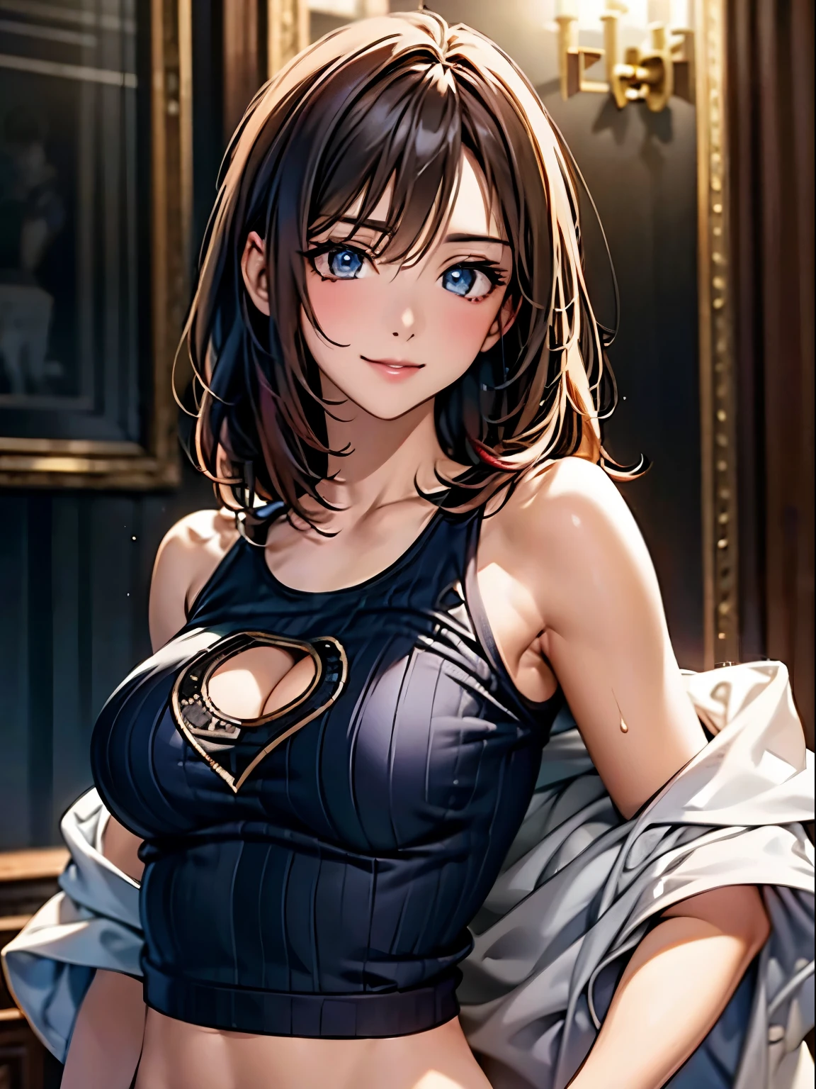 highest quality, Ultra-high resolution, (Realistic: 1.4), beautiful Eyes, Super beautiful, beautiful, lover, Rough chest T-shirt, beautiful Soldier, Eyes that beckon the viewer, loverの視点, Attractive expression, Sexy smile, Perfect Style, Perfect balance, Detailed skin, Mischievous Gaze, I can see your chest