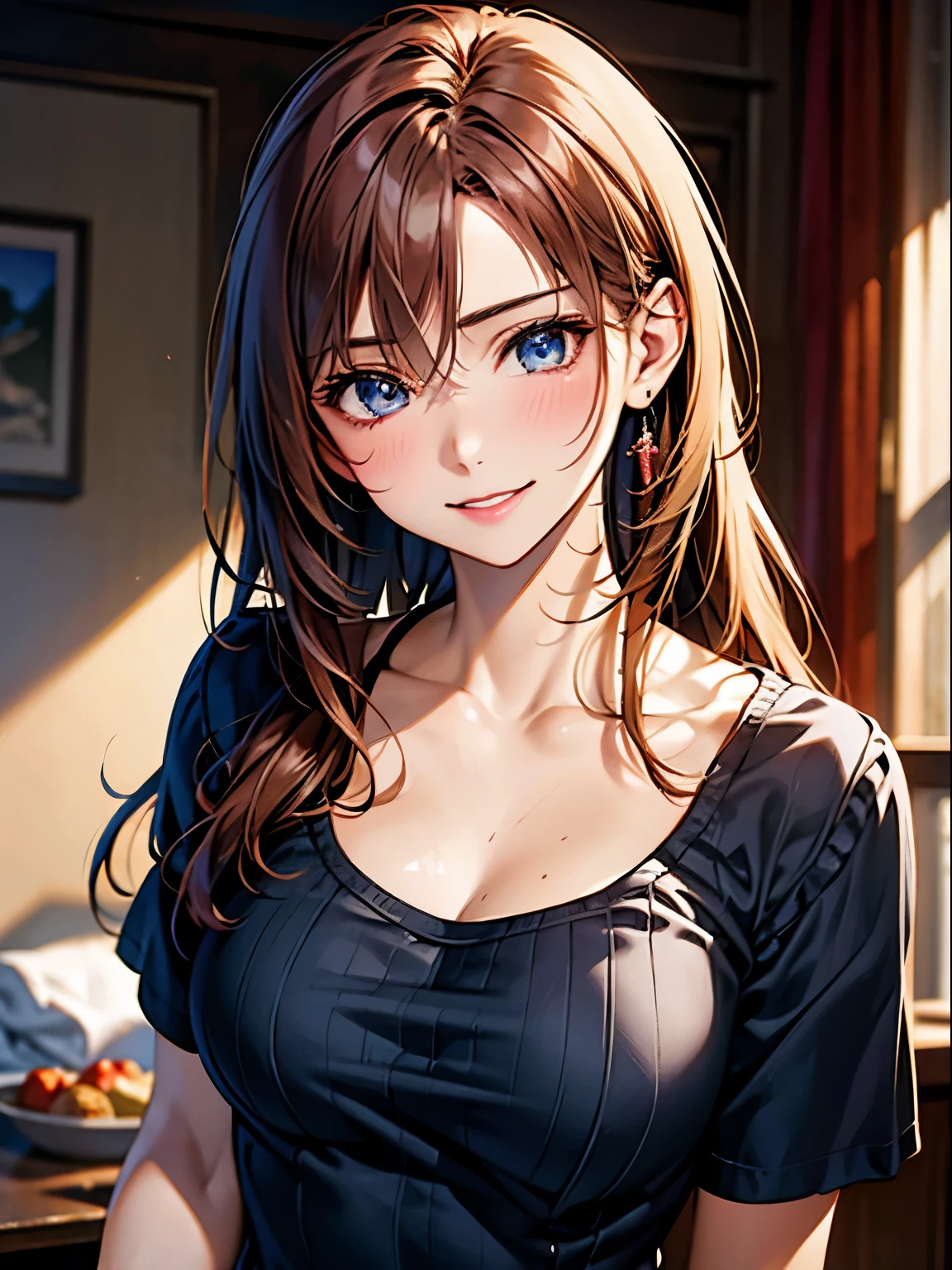 highest quality, Ultra-high resolution, (Realistic: 1.4), beautiful Eyes, Super beautiful, beautiful, lover, Rough chest T-shirt, beautiful Soldier, Eyes that beckon the viewer, loverの視点, Attractive expression, Sexy smile, Perfect Style, Perfect balance, Detailed skin, Mischievous Gaze, I can see your chest