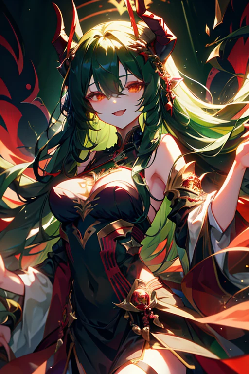 1girl, deep green long hair,hair over one eye,red eyes,symmetrical red dragon horns,evil smile,