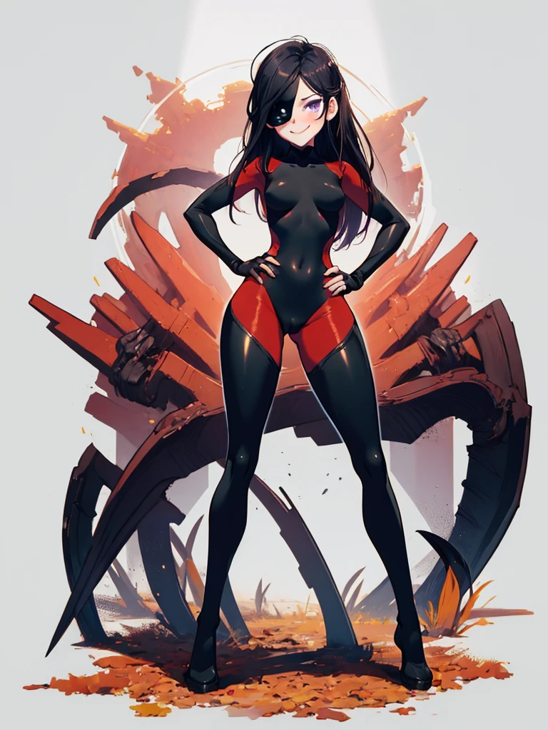 (full body),masterpiece, highest quality, One girl, Violet Par, mask, Long Hair, Black Hair,  Hair on one eye,  (Hero Suit)，Bodysuits，Thick thighs，Squat，Spread your legs，Hands on hips， View your viewers, smile, Simple Background 