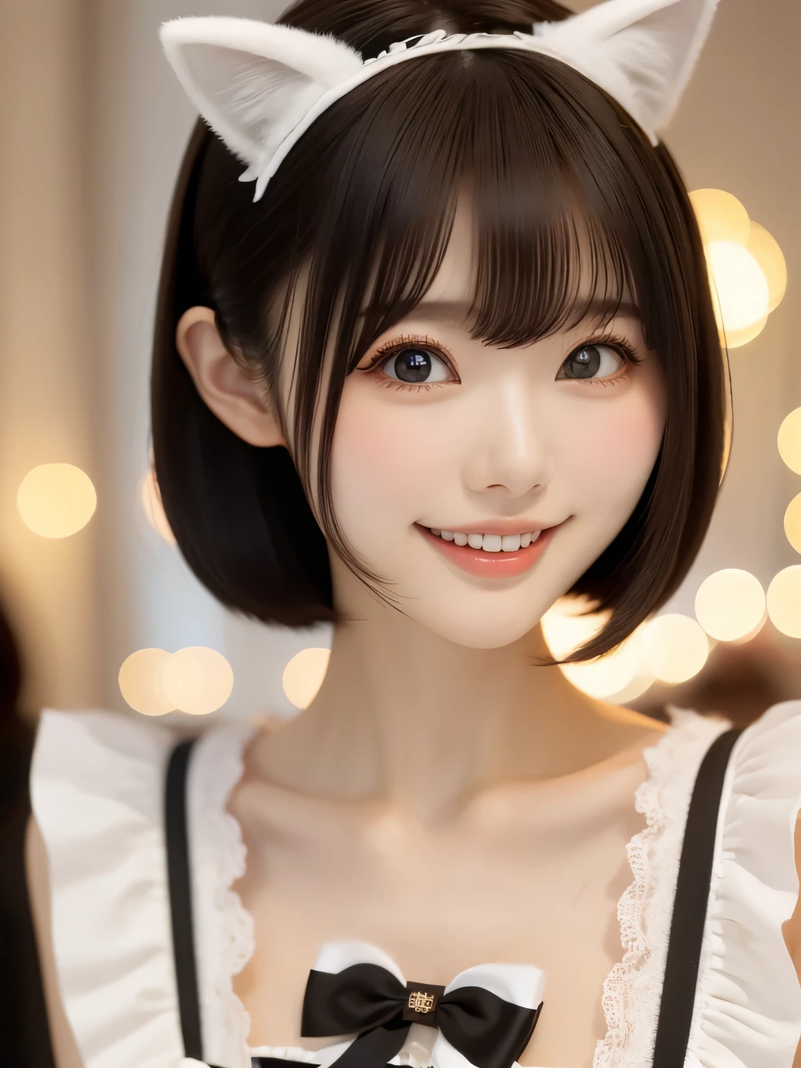 (highest quality、table top、8K、best image quality、Award-winning work)、(eye shadow:1.2)、Beautiful and delicate portrait of a playful cute girl with boyish short hair, Mischievous Smile, ,Black Hair, white Maid clothes、Cat ears on the head、perfect makeup、long eyelashes、Super high-definition sparkling eyes、ultra high definition hair、ultra high resolution glossy lips、Super high resolution perfect teeth、Super high resolution cute face、brown hair、look at me and smile、[clavicle]、(accurate anatomy:1.1)、Luxury  hotel、(The most moody warm lighting:1.2)、blurred background、