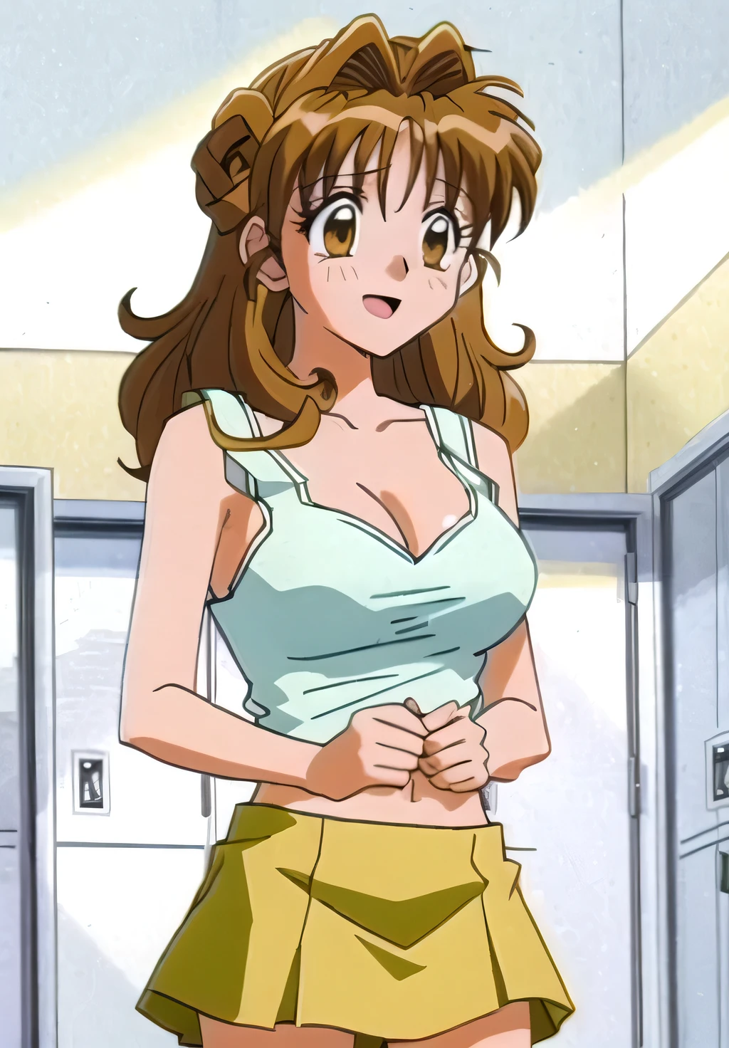 Maron,nsfw,(((yellow_Sleeveless_camisole))),(((mini skirt))),((Cleavage)),((((Light blue bra)))),pupil_Brown,Embarrassing, Open your mouth,smile,avert your eyes,((locker room)),masterpiece, expensive_quality, very_expensive_solve, big_file size, Full Color,