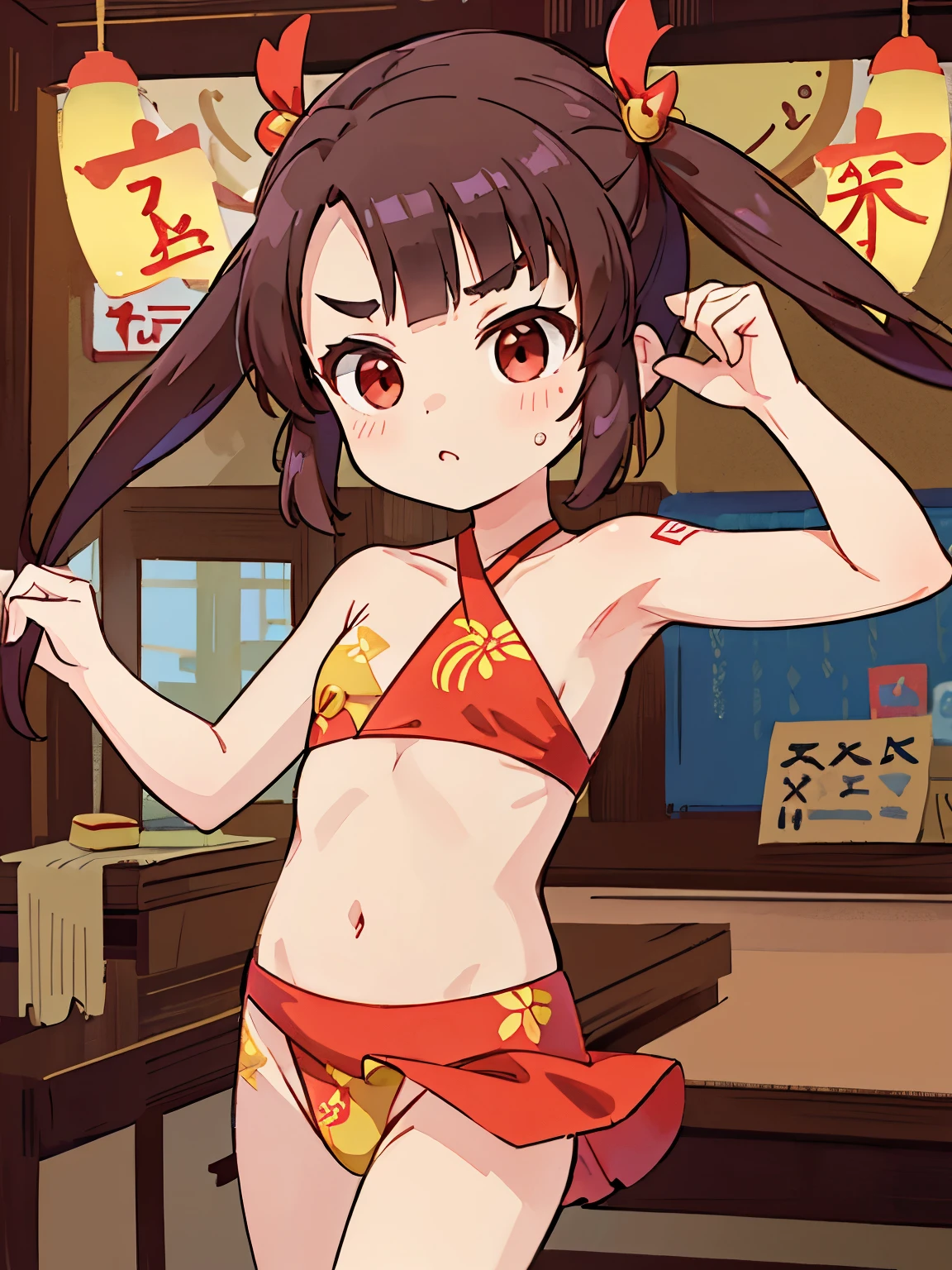 highest quality,masterpiece, Chinatown,Triangle Halter, ,Red eyes, Twin tails, brown hair, bangs, , eyebrows visible through hair, Flat Chest,