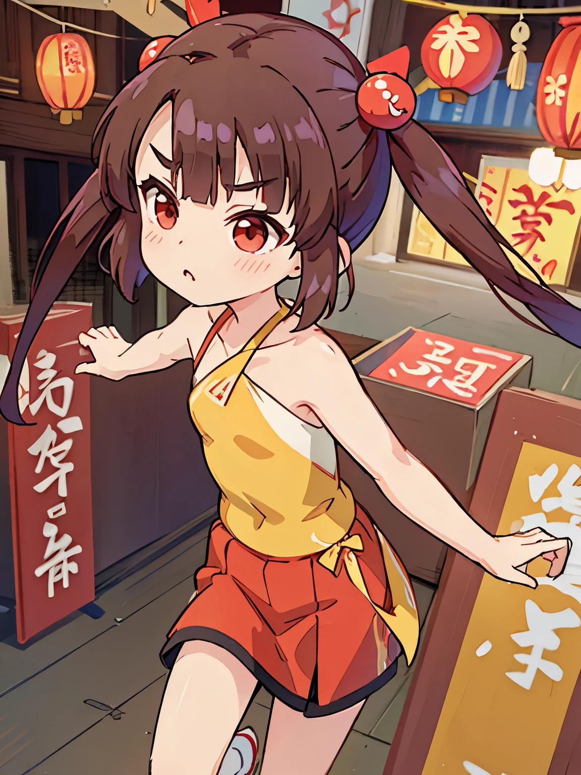 highest quality,masterpiece, Chinatown,Triangle Halter, ,Red eyes, Twin tails, brown hair, bangs, , eyebrows visible through hair, Flat Chest,