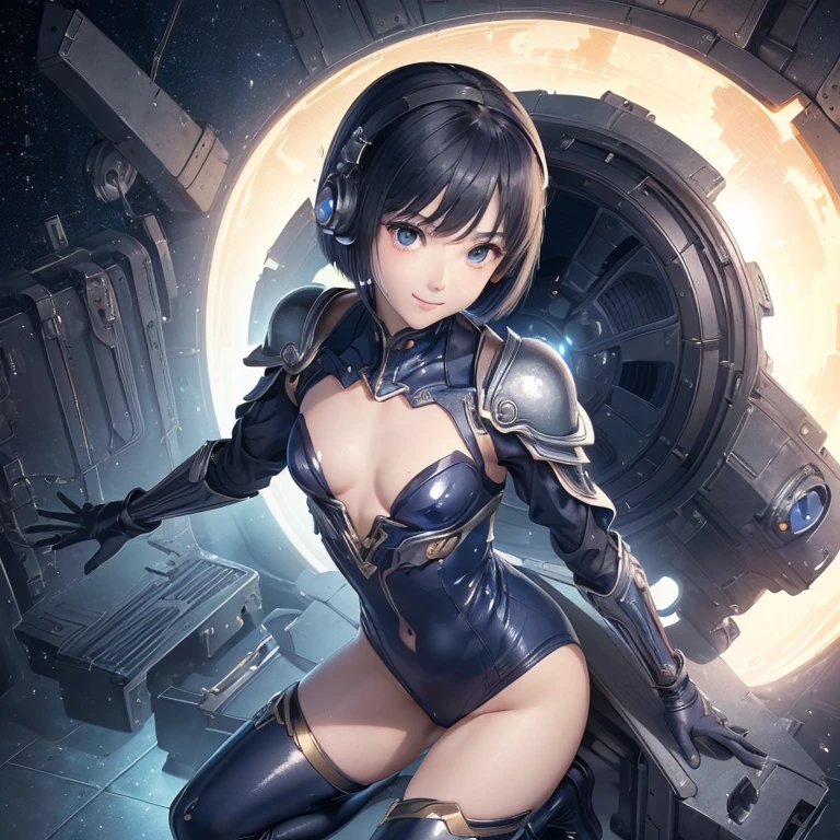 (masterpiece、highest quality、Highest Resolution、clear_image、detailed details、Angle from above): (whole body、One 20 year old girl、The Face of Japan、Small face、thin、navy blue super short bob cut hair、(Hidden Small:1.3)、Sparkling blue eyes、Blue and black shiny pilot suit、Chest protection armor、Tight fitting clothes、whole bodyを覆う衣服、Glamorous clothes、Tight Fit Pants、Hide your skin、Very delicate and beautiful、Detailed skin、hide thighs、Hide your ass、cute、A kind smile、Soft look、heroine、headset、Knee-high boots、Elbow-length gloves、Eye-level shot、face directly、Woman on a spaceship)