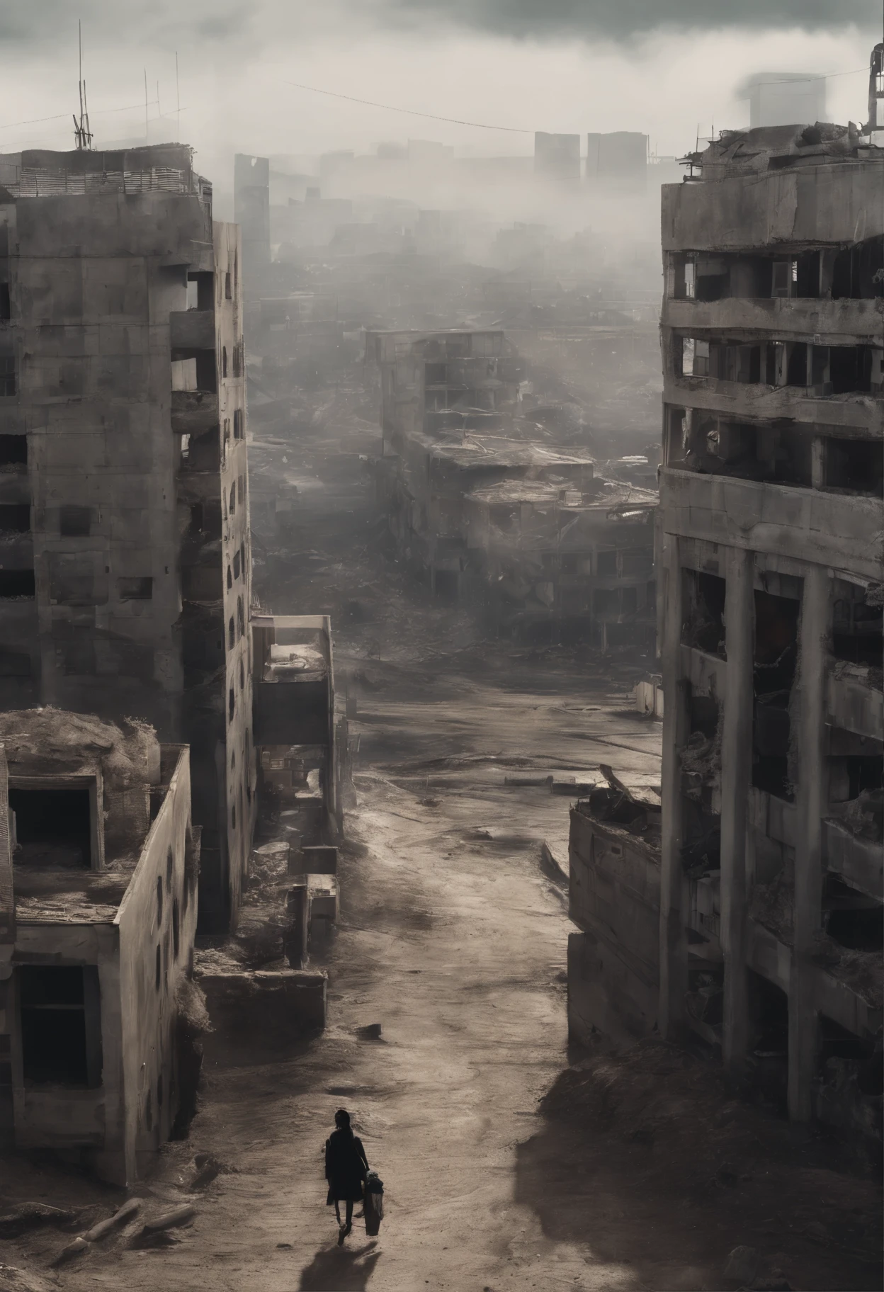 image of the view from inside the balcony of a tall circular tower in the center of a post-apocalyptic North American megalopolis, visao de toda cidade, a cidade tem tons de cinza, has smoky structures, carros abandonados nas ruas, desert megalopolis, tall buildings and collapsing to the ground, many destroyed buildings around, TEM UMA GAROTA VESTIDA COM CAPUZ ANDANDO NA RUA, she is walking , as realistic as possible, As detailed as possible