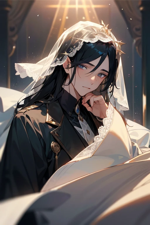 black-haired adonioi、Clear face、detailed face、1 boy、classic、arrogant man、top grade、center division、amount、one man、Glamour、music、Noble、Very beautiful man、Wearing a wedding veil、