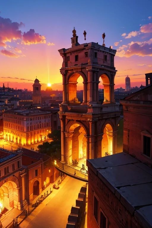 ancient city at dusk. sunset. Rome. Vivid colors. Colosseum