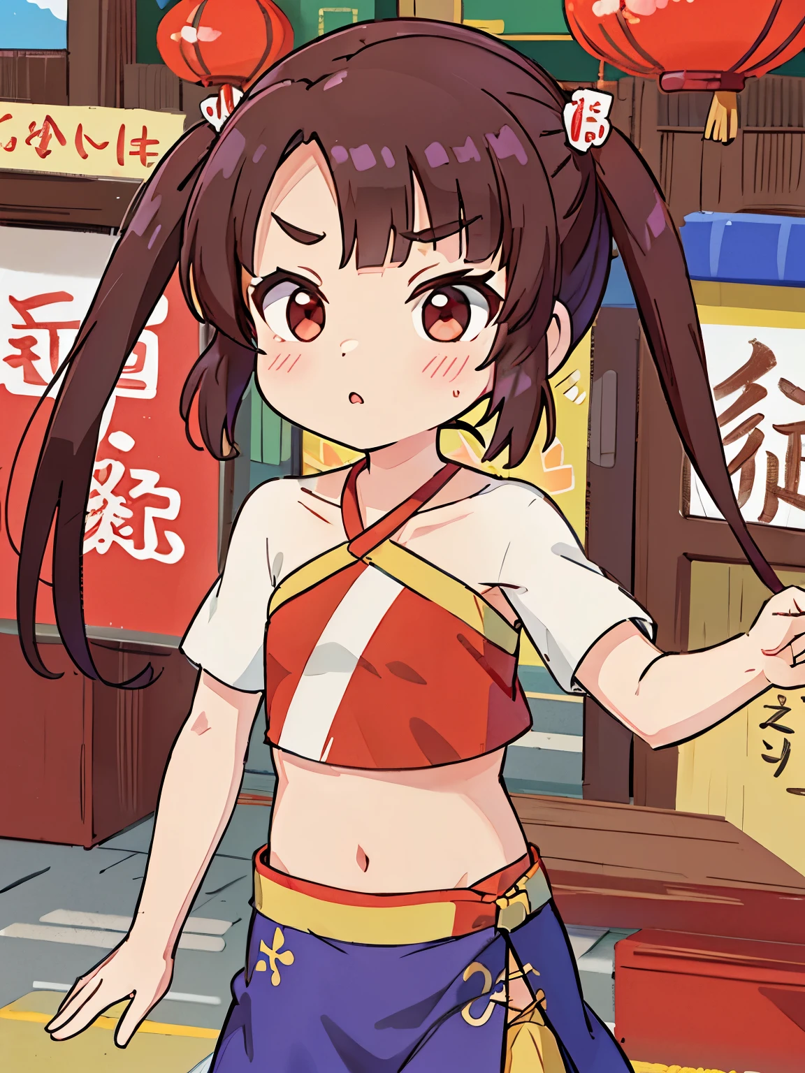 highest quality,masterpiece, Chinatown,Triangle Halter, ,Red eyes, Twin tails, brown hair, bangs, , eyebrows visible through hair, Flat Chest,