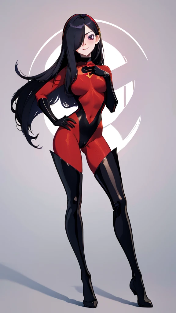 (full body),masterpiece, highest quality, One girl, Violet Par, mask, Long Hair, Black Hair,  Hair on one eye,  (Red hero suit)，Red bodysuit，black elbow gloves，Black Thigh Boots，Thick thighs，Place one hand on hip，upright，View your viewers, smile, Simple Background 