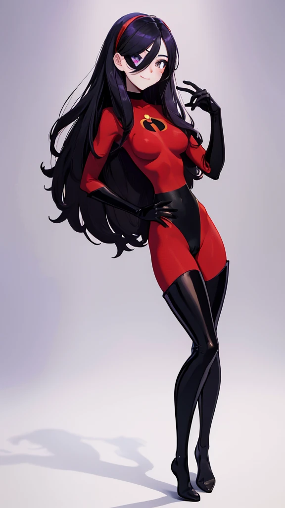 (full body),masterpiece, highest quality, One girl, Violet Par, mask, Long Hair, Black Hair,  Hair on one eye,  (Red hero suit)，Red bodysuit，black elbow gloves，Black Thigh Boots，Thick thighs，Place one hand on hip，upright，View your viewers, smile, Simple Background 