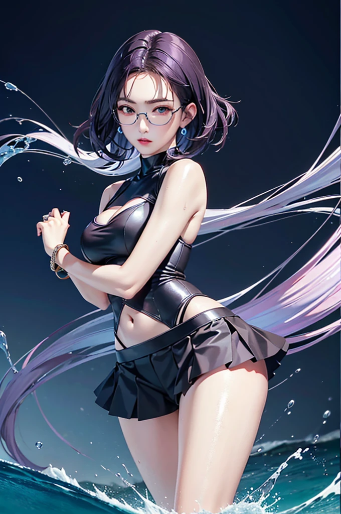 (Finest quality)),(A high resolution),(ultra-detailled art),(Meticulous portrayal),((Best Anime)),(Finest works of art),sharpness,Clear,Ultra-Precision Art,The art of astounding depiction, (Female Ninja in the Dark:1.3),
short Hair,
purple hair, vibrant purple hair, extremely detailed hair, bangs, short hair only,
pretty eyes,
beautiful eyes, detailed eyes, perfect eyes, green eyes, eyeglasses,
pretty face,
beautiful lips, soft lips,pretty face, close up face, korean girl, korean beauty, irene, red velvet irene,serious face,
pretty nose,
beautiful nose, earings, ring, necklace, bracelet,
clear skin,
clear skin, white skin, soft skin,
slim body,
small breasts, normal thighs, show navel, perfect body, perfect hands, detailed hands, detailed legs, detailed arms, detailed breasts, detailed thighs, detailed abs, detailed faced, detailed lips, detailed nose, perfect body proportion,
ninja clothes,
ninja outfit, black outfit, black skirt, thigh-level skirt, pretty skirt, detailed skirt, safety shorts, cycling shorts, ninja shorts, long shorts, ninja armor, female ninja suit,reveal shoulders, show slight cleavage, black top, arm sleeves, detailed clothes, detailed skirt, detailed arm sleeves,
fighting pose,
looking at camera, attack pose, fighting pose,
water element,
water splash behind, in water, big water waves,
standing in water,
perfect lightings,
extravagant lights,
super low-angle shot,
looking down,
