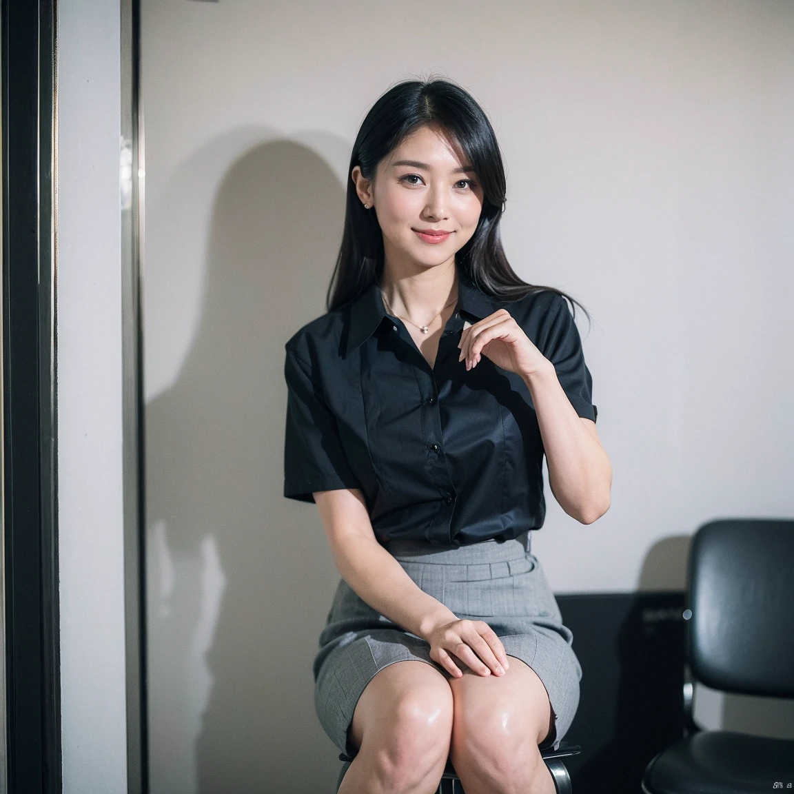 (((Best quality at best)), ((tmasterpiece)), (detailed), The background is the hotel reception，with people coming and going，natural classic face，Talking with microphone in hand，A girl records work nearby，long sleeve work uniform，Hair tied up