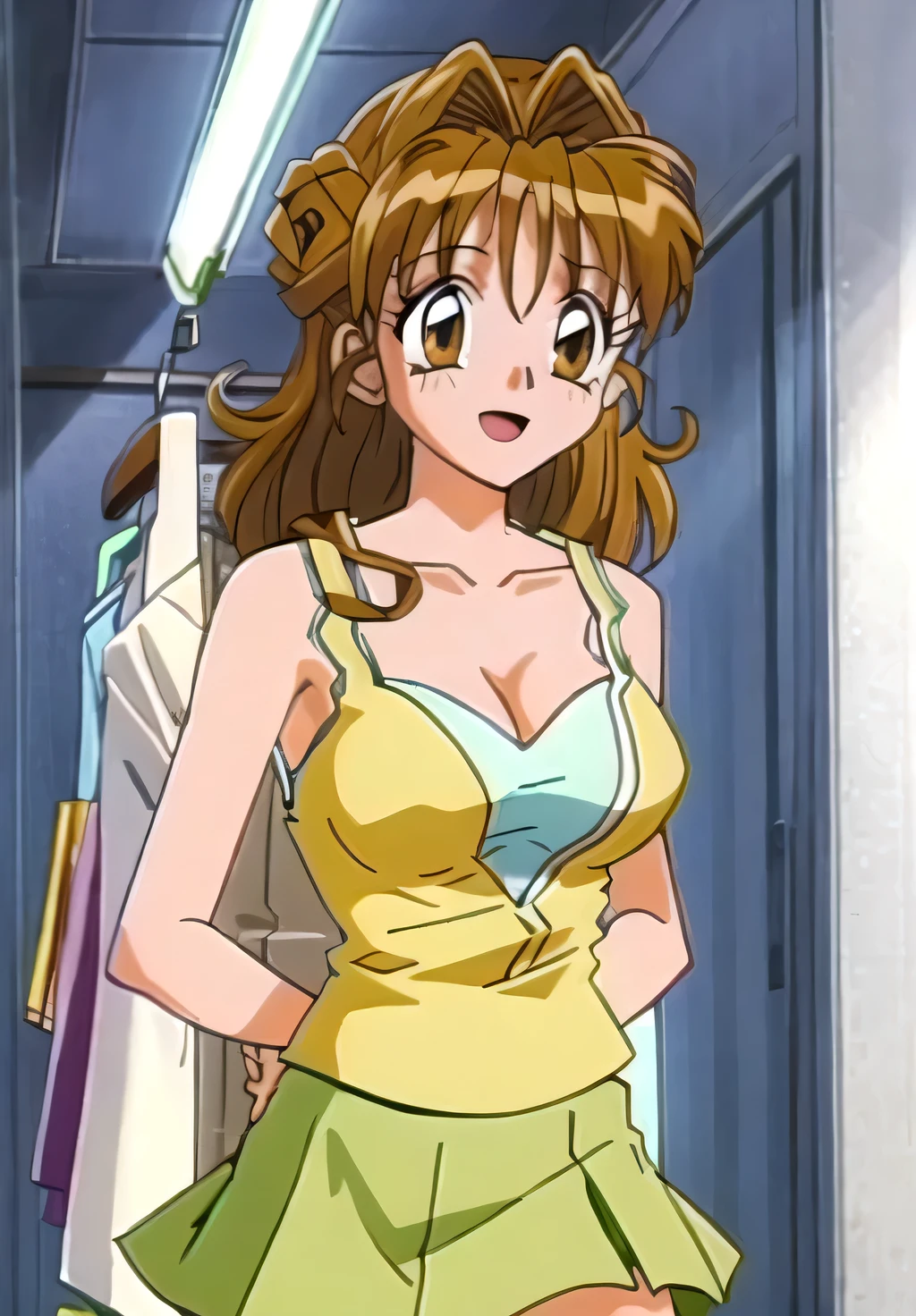 Maron,nsfw,(((yellow_Sleeveless_camisole))),(((mini skirt))),((Cleavage)),(((Light blue bra))),pupil_Brown,Embarrassing, Open your mouth,smile,avert your eyes,((locker room)),masterpiece, expensive_quality, very_expensive_solve, big_file size, Full Color,