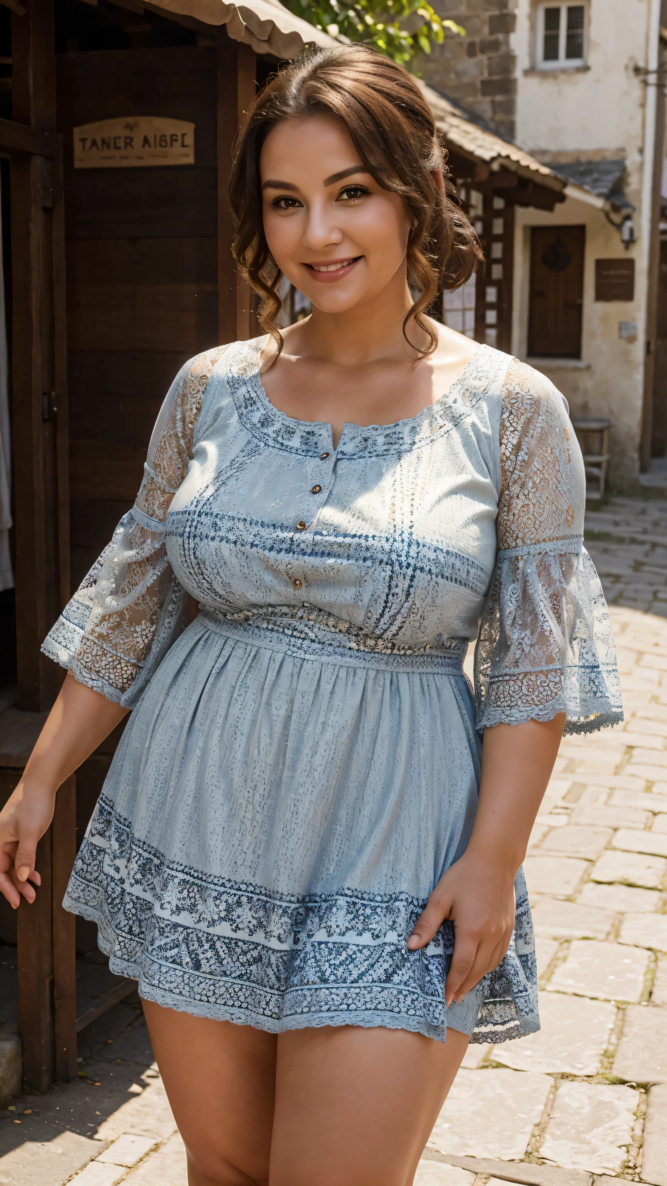 A beautiful and hot almost chubby mature woman.who wears a patterned short dress with lace-like sleeves. and standing in the village. A smiling face.